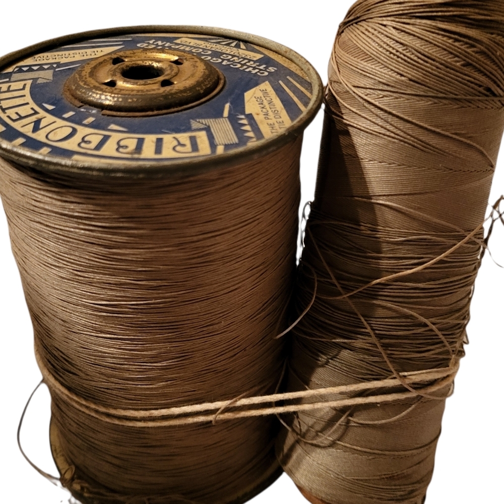2 Vintage Spools RIBBONET Maysville Carpet Warp Chicago Printed String Company